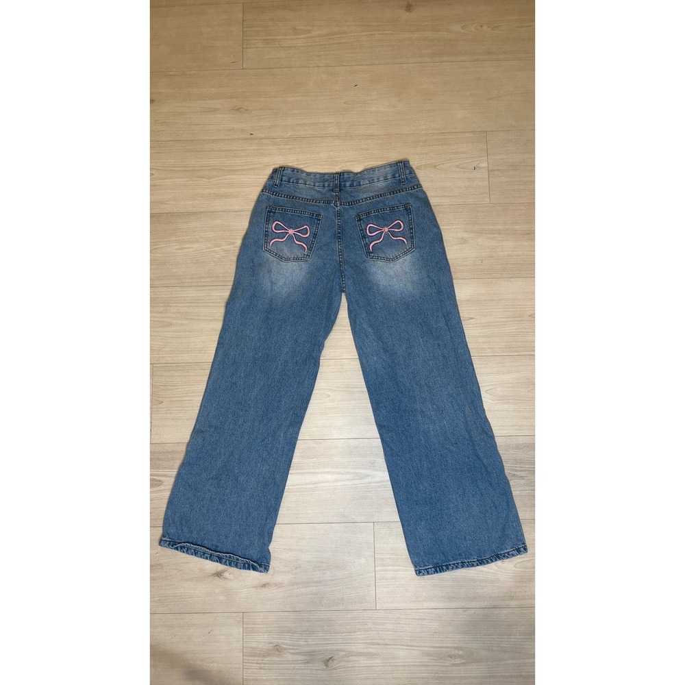 Telepatia Womens Wide Leg Jeans Medium Wash Pink Bow Back Pockets Size 7/28